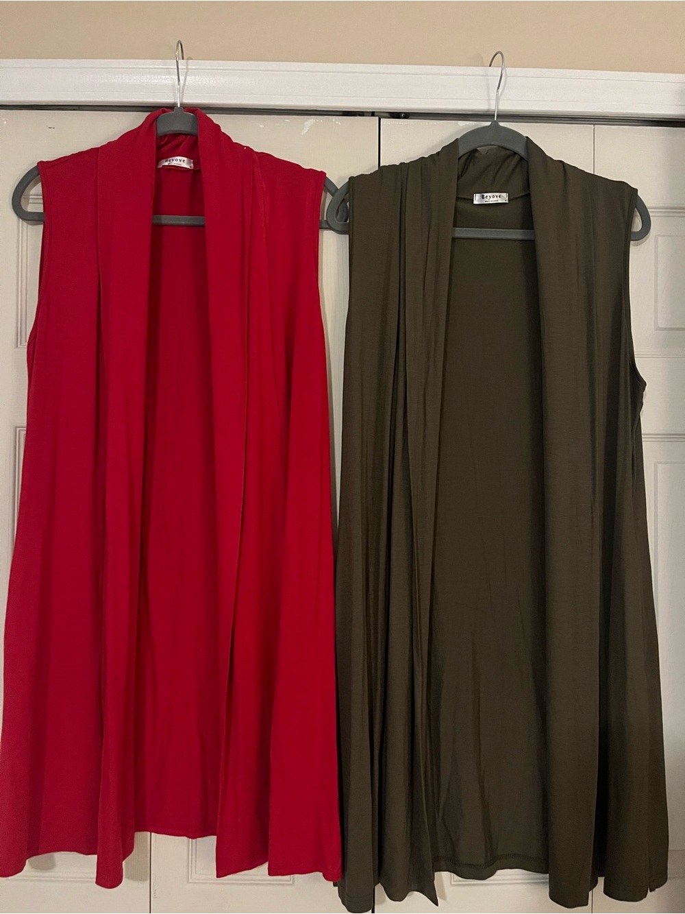 2 Sleeveless Drape Cardigans - Red and Olive